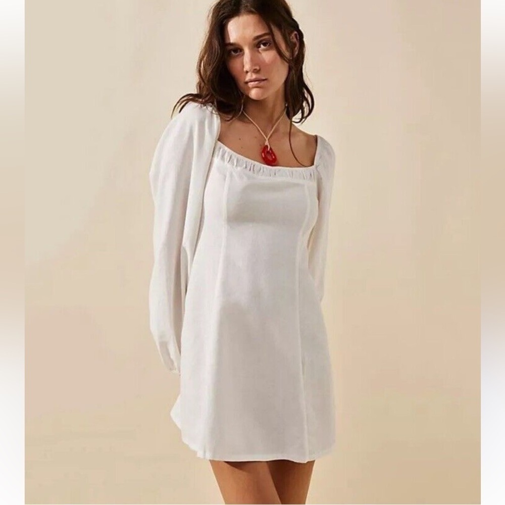 NWOT Free People A-line Linen Mini Dress Long Balloon Sleeve White